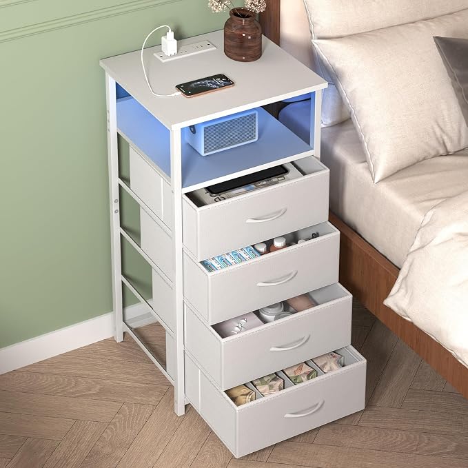 Fixwal Tall Nightstand with Charging Station, Night Stand with U-S-B Ports and Outlets, 4 Fabric Storage Drawers with PU Finish, Small Dresser Bed Side Table, White - Image 5
