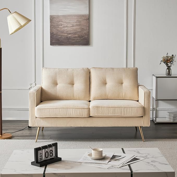 VINGLI 56" Modern Beige Loveseat,Small Corduroy Sofa Couch Deep Seat for Living Room,2-Seater Loveseat Sofa for Bedroom,Apartment,Office,Dorm,Small Space