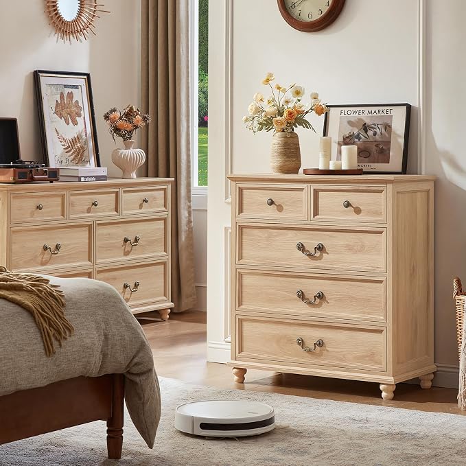 Joaxswe Farmhouse 5 Drawer Dresser for Bedroom, 35" Tall Rustic Chests of Drawers w/ 4 Solid Wood Feet, Mid Century Modern Wooden Closet Storage Dressers Organizer for Living Room, Hallway,Natural - Image 6