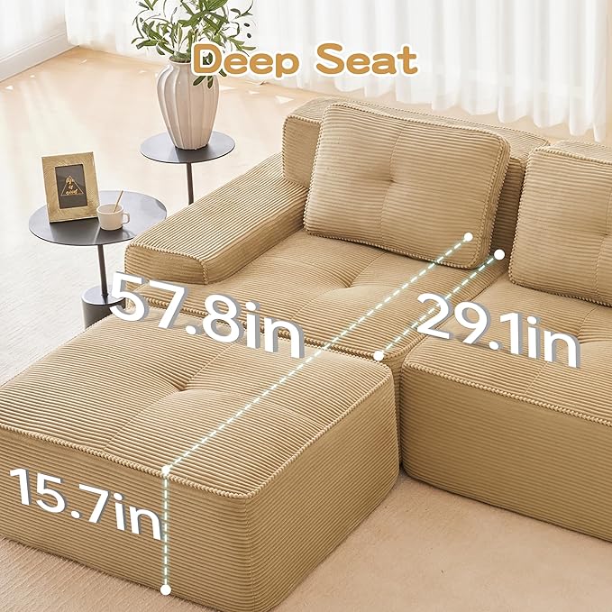 Casaphoria 150'' Corduroy Cloud Couch, 4-Seat L-Shaped Sectional Sofa with 4 Pillows & Ottoman for Living Room, Deep Seat Boneless Couch for Modern Apartment, No Assembly Required, Camel