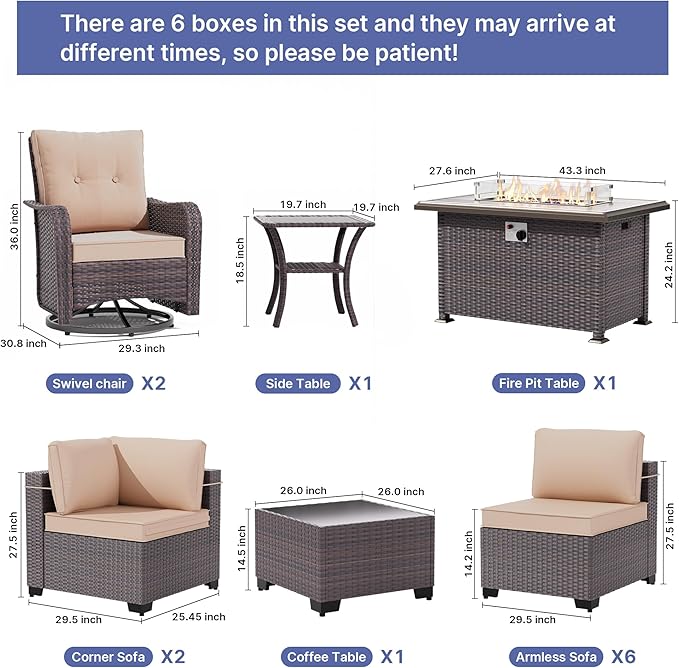 Gotland 13 Pieces Patio Furniture Set with Fire Pit Table Swivel Chairs, PE Rattan Outdoor Furniture Set with 29.5'' High Backrest 4’’ Thick Cushions Coffee Table, Patio Set for Porch, Deck, Khaki