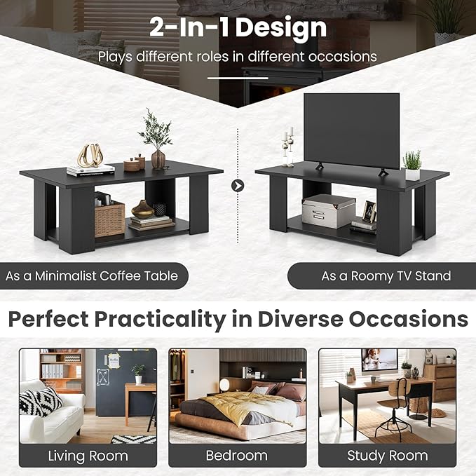 GOFLAME Coffee Table with Storage, Modern Center Table for Small Space, Accent Tea Tables for Living Room, Reception Room, Dining Room, Easy Assembly, Black
