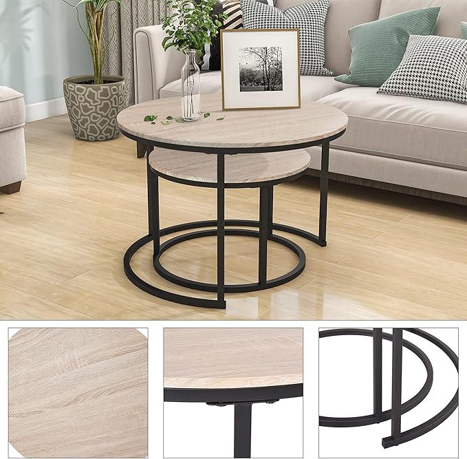 HOJINLINERO Round Coffee Table,Nesting Coffee Table Set of 2,Center Tables for Living Room,Office, Home Small Space,Stacking Side Tables,Sturdy and Easy Assembly,Wood Desktop,Black+Teak OAKDK,Large