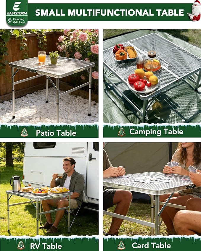 Square Folding Card Table with Adjustable Height (12" & 26"), Silver Portable Metal Mesh Table for Camping, BBQ, Picnic, Game, Patio & Indoor Use, Fits 2–4 People, Lightweight 7.6 lb, Supports 66 lb - Image 8