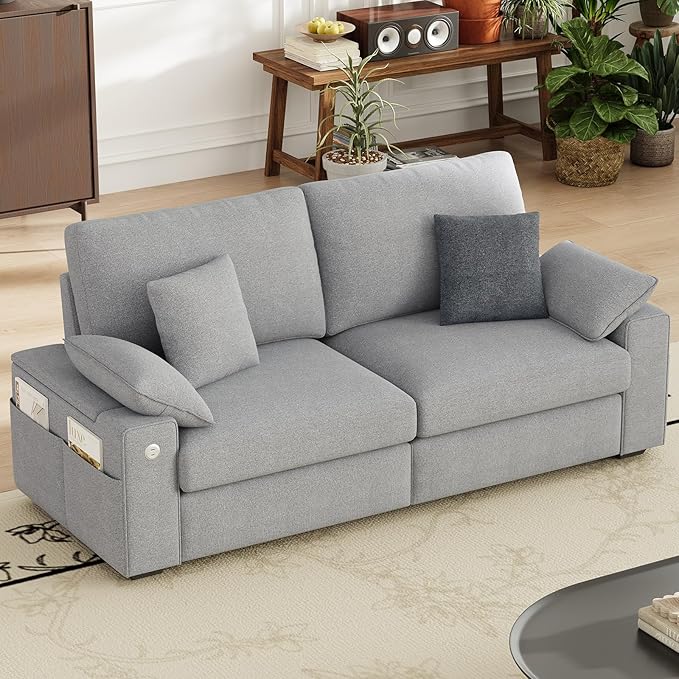 76" Loveseat Couch, 3 Seater Upholstered Midcentury Mondern Love Seat with USB Type C Ports, 4 Pillows and Storage Armrest Cloud Foam Sofa for Living Room/Small Spaces, Grey | Breathable material