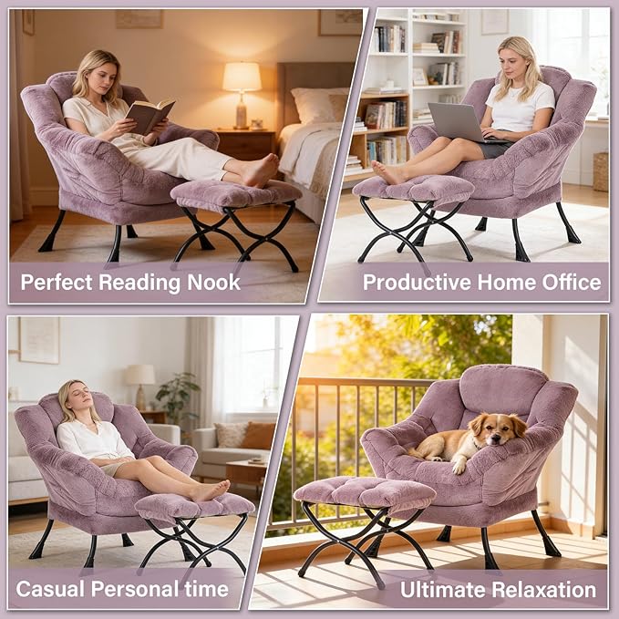 Plush Lazy Chair and Ottoman, Large Purple Plush Contemporary Accent Chair with Side Pocket, Modern Leisure Upholstered Reading Armchair with Footrest for Bedroom, Living Room, Balcony