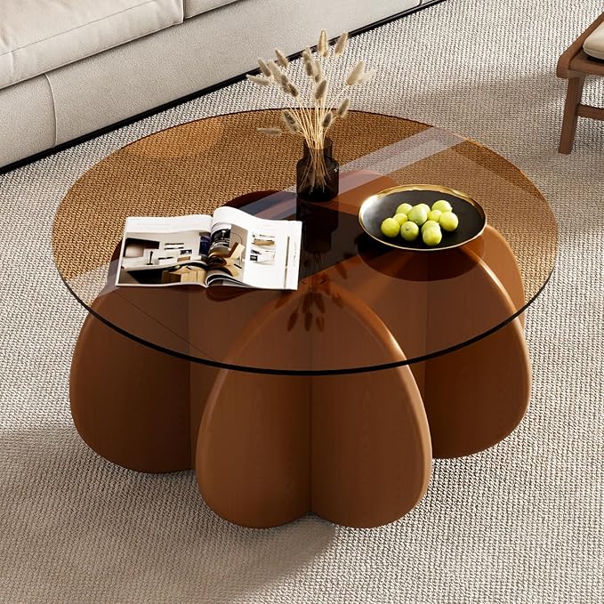 31.5'' Round Glass Coffee Table, Simple & Modern Center Table with Tempered Glass-Top for Small Space, Modern Round Coffee Table for Living Room, Home, Office, Easy Assembly. (Brown + Brown)