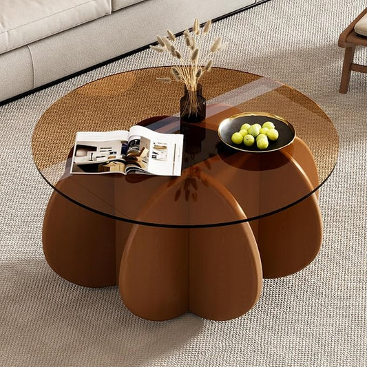 31.5'' Round Glass Coffee Table, Simple & Modern Center Table with Tempered Glass-Top for Small Space, Modern Round Coffee Table for Living Room, Home, Office, Easy Assembly. (Brown + Brown)