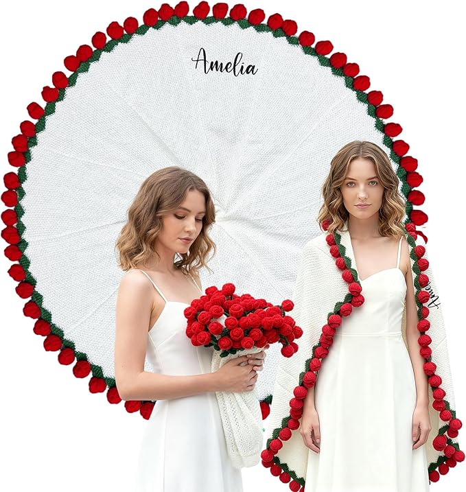 Personalized Handmade Crochet Rose Flower Blanket Bouquet – Custom Name Gift for Mother's Day, Valentine’s Day, Mom or Girlfriend（Red）