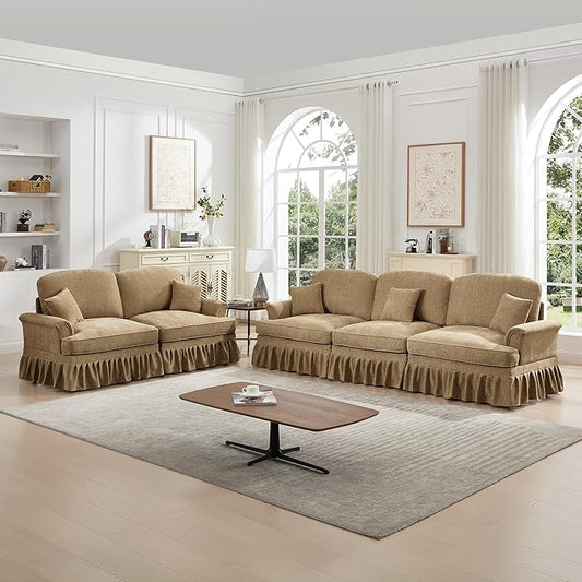 KEIKI Mid Century Modular Sofa with Flared Arms and Skirted Design, 107” Oversized 3-Seater Loveseat Chenille Sectional Couches Set for Living Room, Soft Sofa and Loveseat Furniture Set, Light Coffee