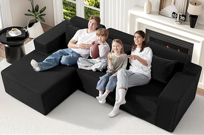Homguava Modular Sectional Couches for Living Room,105" Cloud Couch with L-Shape Chaise,Comfy Sofa Living Room Sofas with Deep Seat,No Assembly L Couch,Corduroy Fabric(Black,L)