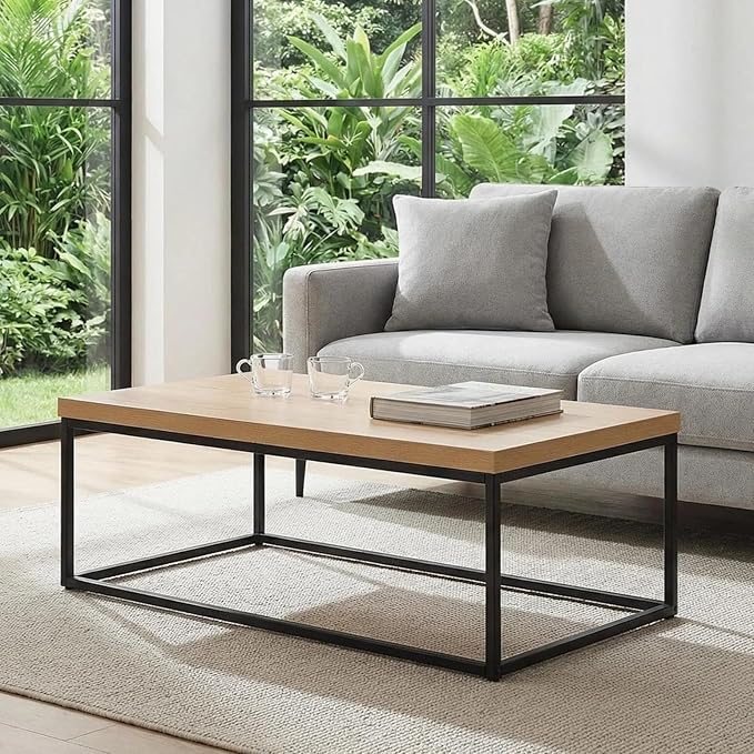 CENSI 47 Inch Oak Coffee Table for Living Room, Modern Industrial Center Table with Extra Thick 40mm Wood Top, Natural White Oak Finish, Rectangle Cocktail Table