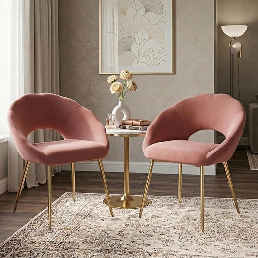 Modern Vanity Chair, Living Room Chair with Gold Metal Legs,Velvet Dining Chair, Comfy Accent Chair for Makeup Room, Waiting Room, Dressing Room, Bedroom, Dining Room, Home Office (2, Pink)