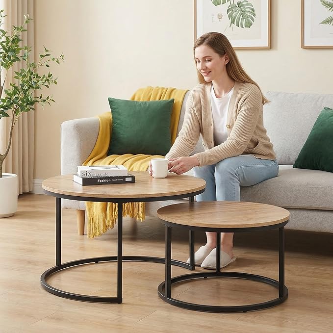 CENSI Round Nesting Coffee Table Set of 2, 31.5" Natural Oak Wood & Metal Frame, Modern Industrial Stacking Center Tables for Living Room, Scandi Boho Decor, Sturdy Circle Accent Furniture