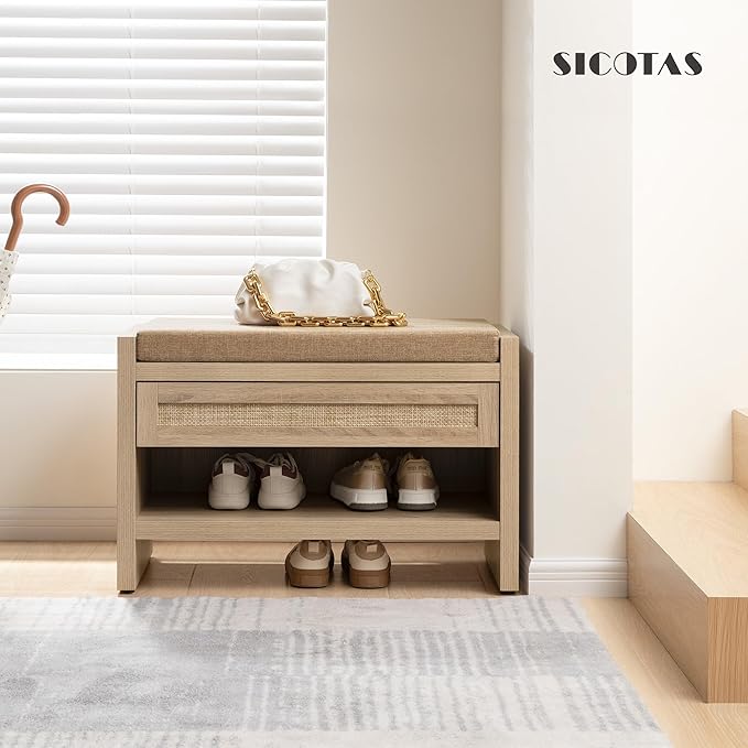 SICOTAS Rattan Shoe Bench Entryway Bench with Storage Drawer and Linen Seat Cushion, Farmhouse Boho Shoe Rack with Shelf, Wooden Storage Bench for Entryway Hallway and Bedroom, Light Oak, 2PCS - Image 4