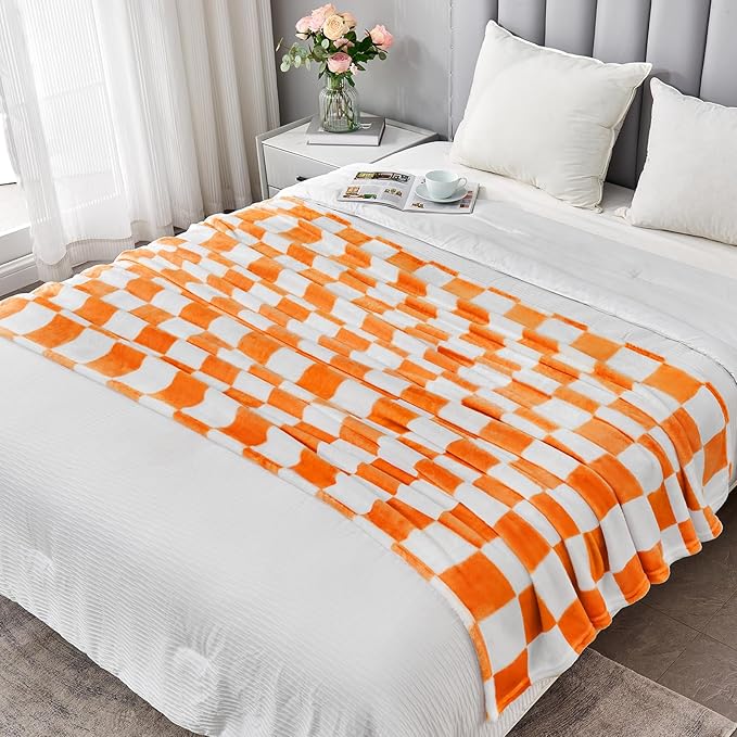 Edenleaf Orange Checkered Blanket, Soft Cozy Fleece Checkered Throw Blankets for Bed Sofa Couch Camping, Ultra Fluffy Throws for All Seasons, 50x60 Inch, Orange