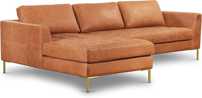 Poly & BARK Calle Left-Facing Sectional in Full-Grain Pure-Aniline Italian Tanned Leather in Cognac Tan and Brass Legs