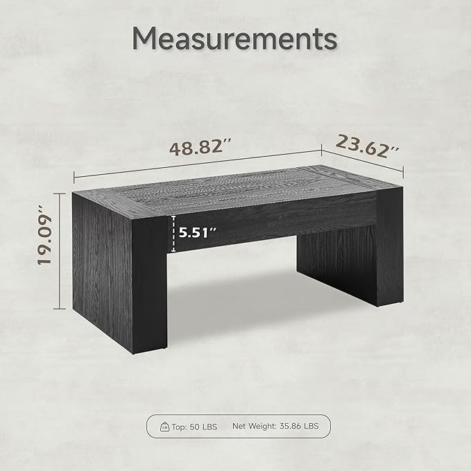 COZAYH Modern Black Wood Coffee Table with Thick Block Legs and Natural Wood Grain, Rectangular Large Center Table for Living Room Decor, Office, Farmhouse, Sturdy