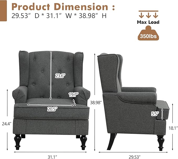 Accent Chair Set of 2, Mid Century Modern Fabric Wingback Chair, Upholstered Armchair with High Back and Vintage Legs, Comfy Single Sofa Side Reading Chair for Living Room Bedroom, Dark Grey