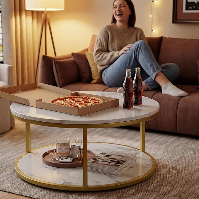 JUMMICO 36" Coffee Tables with Storage, 2-Tier Round Coffee Table, Center Table for Living Room, Furniture for Small Spaces, White Marble