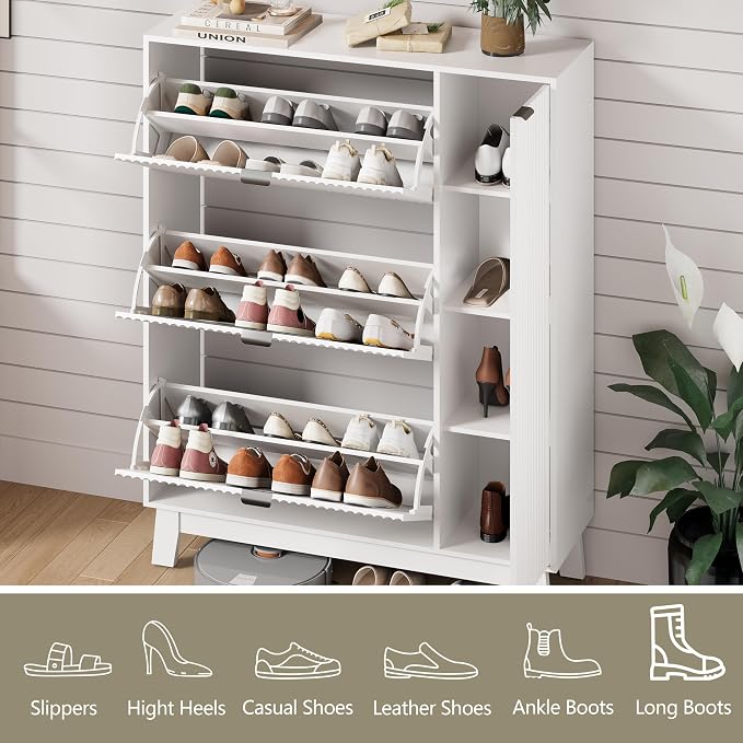 Shoe Cabinet Storage for Entryway with 3 Flip Drawers & Side Cabinet, Fluted Narrow Shoe Organizer with Wooden Leg, Freestanding Shoe Storage Hidden Shoe Rack Organizer for Front Door Entrance, White - Image 4