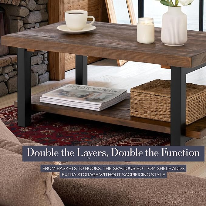 Alaterre Furniture Pomona Living Room Tables – 42 Inch Rectangular Solid Wood Coffee Table with Storage Shelf & Metal Legs – Rustic Industrial Farmhouse Living Room Table (Rustic Brown)
