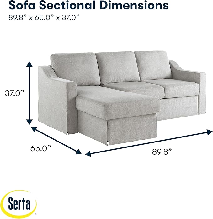 Serta Hawthorne 89.8" Slipcovered Convertible Sleeper Sofa Chaise, Queen Size, Dreamcoil Comfort, Reversible Storage Chaise, Polyester Tweed Fabric, Linen