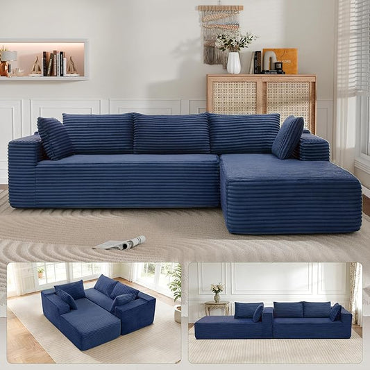 Cloud Sectional Couch, 105” Fluffy Modular L-Shape Sofa with Left Chaise Lounge, Modular Sectional Sofa in a Box, Boneless Couch for Living Room, No Assembly Required, Flannel Blue