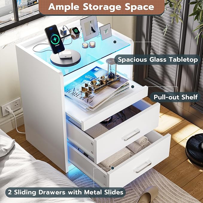 VIAGDO White Nightstand Set of 2 with Charging Station and LED Lights, 2 Drawers LED Night Stand with Tempered Glass Tabletop, Modern End Side Tables with Pull-Out Tray, Open Storage Bedside Tables - Image 4