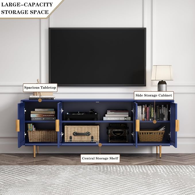 ARTPOWER TV Stand with Storage, 66" Modern TV Entertainment Center for TVs up to 75 Inch, Under TV Cabinet with Glass Door, TV Console Media Center for Living Room, Bedroom, Blue - Image 3