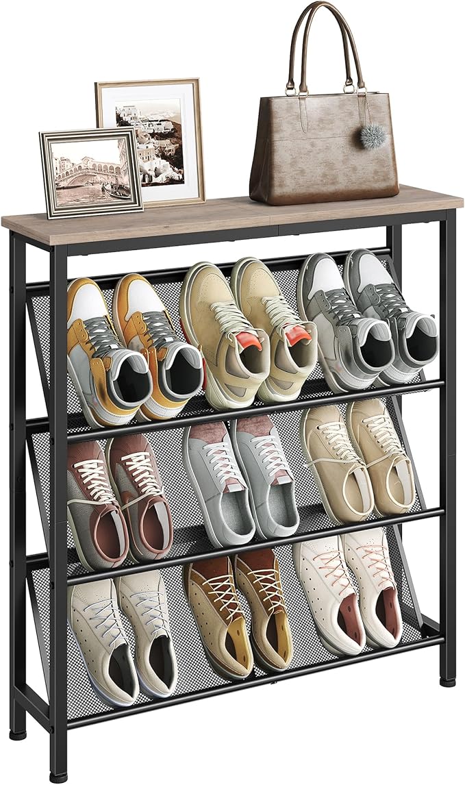 CHOEZON Shoe Rack, 4-Tier Slanted Shoe Storage Shelf, Narrow Shoe Rack for Entryway, Shoe Organizer with Adjustable Feet, Slim Shoe Shelf with Wooden Top and Metal Frame, Greige and Black TXJ75BG by Choezon