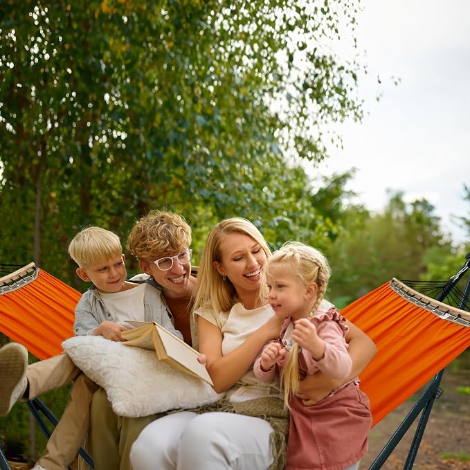 Tranquillo Sturdy Steel Hammock with Stand Premium Cotton Canvas Hammock, 600 lbs Capacity Hammock Stand Folding, Portable 30-Second Fold Unfold Hammock for Camping, Orange - Image 9