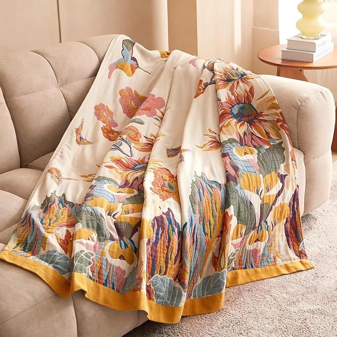 Boho Throw Blanket - 100% Cotton Soft Spring Throw Blanket for Bed, 90"x108" Reversible Breathable Lightweight Blankets, All Seasons Farmhouse Decor Floral Plant Butterfly Throw Quilt