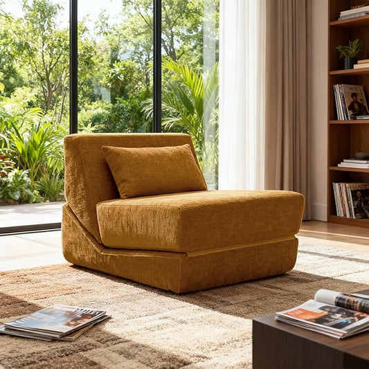 Folding Sofa Bed Chair, Convertible Sleeper Sofa Couch Bed w/Pillow, Lounge w/Back Support & Washable Cover for Living Room, Bedroom, Apartment, Office (Yellow) | With ashable cover, Foldable chair bed