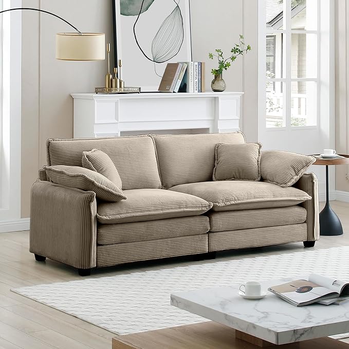 KEIKI 81" Oversized Corduroy Modular Sectional Loveseat Sofa with High-Density Foam Cushions, Removable Armrests, Upholstered Modern 2-Seater Fluffy Corner Couch with 4 Pillow, for Living Room, Tan