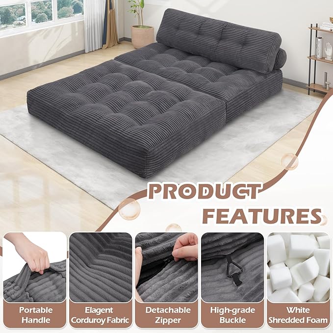 Folding Sofa Bed, Convertible Sleeper Chair with Pillow & Handle, Foldable Mattress Futon Chair Bed Lounge with Back Support, Comfy Floor Sofa for Living Room Bedroom, Grey, Full