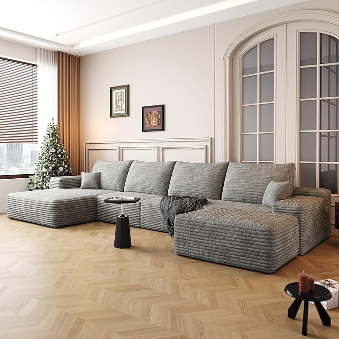 135" U Shaped Sectional Couch with Ottoman, Large Sectional Couches for Living Room, Plush Corduroy Convertible Sleeper Sofa, Compressed Foam Sofa in a Box No Assembly, Left Facing Chaise, Grey