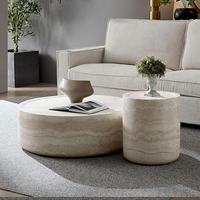 Round Coffee Table Set of 2 for Living Room Modern Drum Center Table Circle Side Tables for Apartment, No Need Assembly (Fiberglass 35.43'' &15.74'')