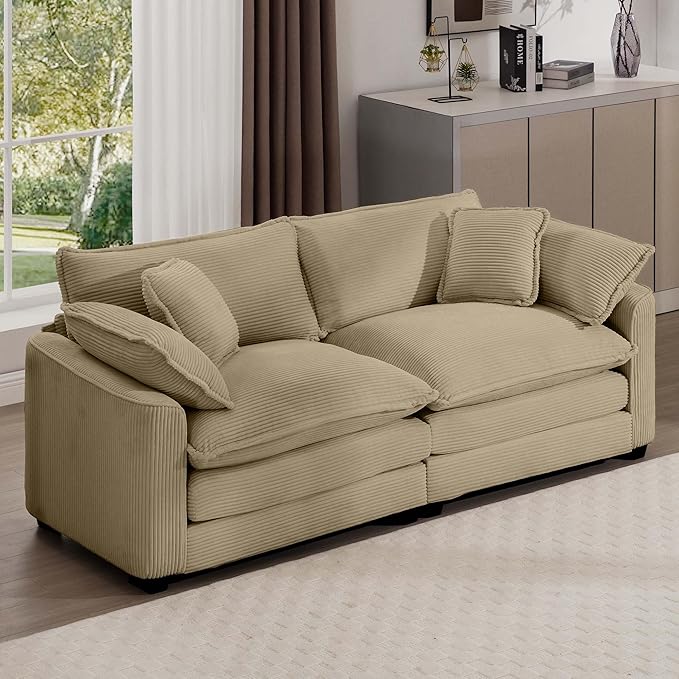 KEIKI 80" Oversized Corduroy Modular Sectional Loveseat Sofa with High-Density Foam Cushions, Removable Armrests, Upholstered Modern 2-Seater Fluffy Corner Couch with 4 Pillow, for Living Room, Tan