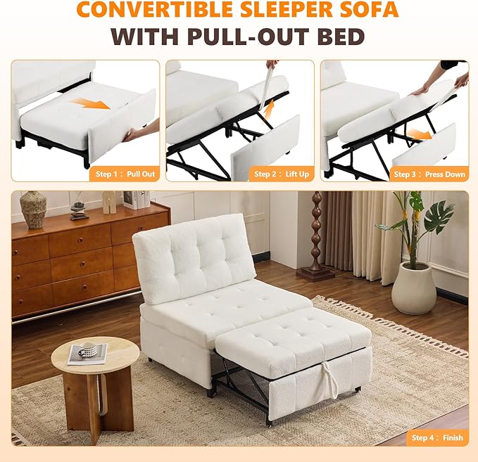 VINGLI Convertible Sofa Bed Tufted Teddy Fleece Sleeper Chair Bed Couch Armless Living Room Chairs with Adjustable Backrest Pull Out Couch Bed for Small Spaces | Armless Sofa Bed