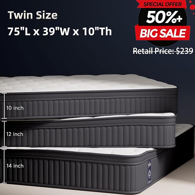 HELFIM® Twin Size Mattress - 10 Inch Medium Firm Ergonomic Mattress with Hybrid Zoned Pocket Springs & Memory Foam for Back Support & Motion Isolation - CertiPUR-US Certified