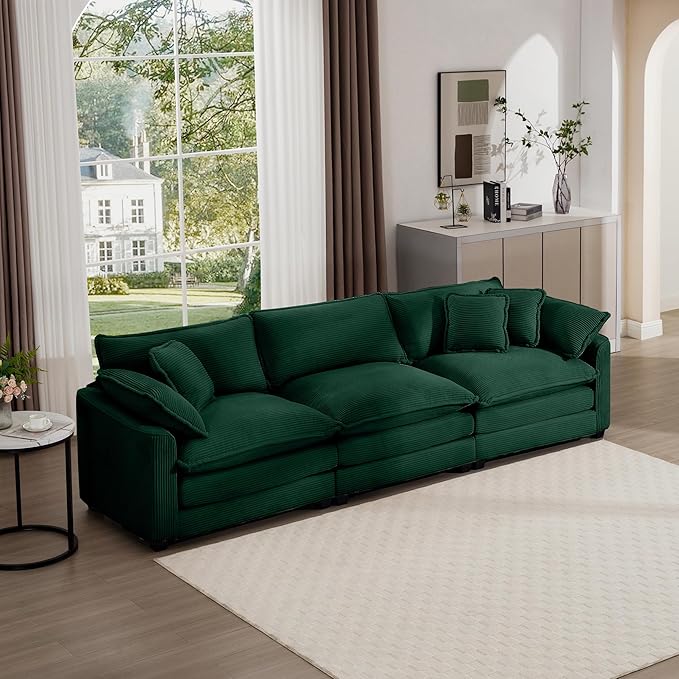 KEIKI 115" Oversized Corduroy Modular Sectional Cloud Sofa with High-Density Foam Cushions, Removable Armrests, Upholstered Modern 3-Seater Fluffy Corner Couch with 5 Pillow, for Living Room, Green