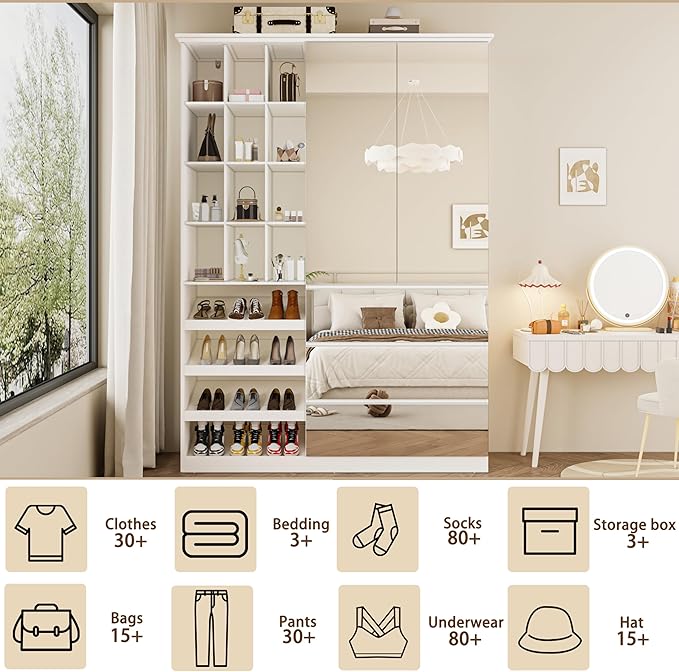 Mirrored Wardrobe Closet with Shoe Cabinet Storage, White Armoire with Shelves and 3 Drawers, Modern Clothes Storage Cabinet with Hanging Rod for Bedroom Guest Room