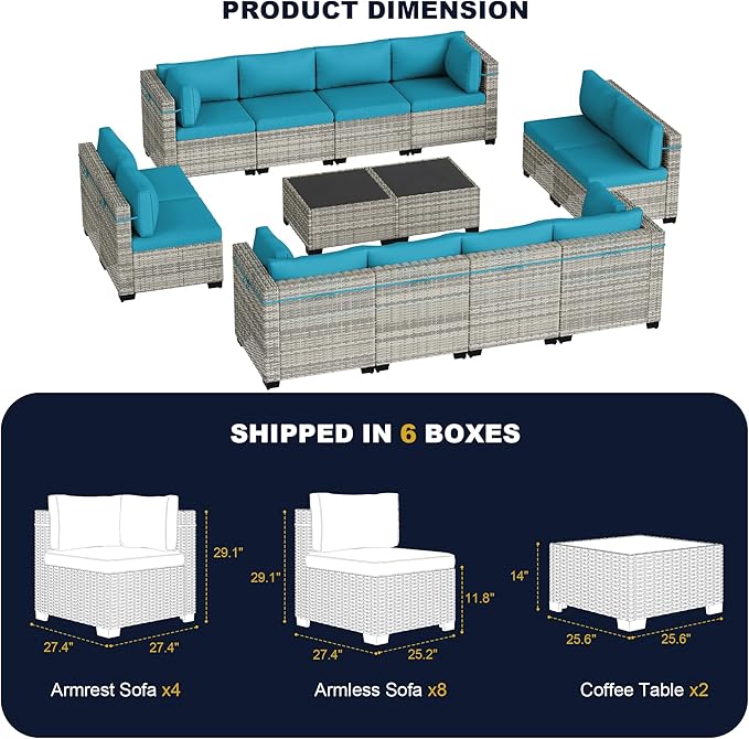 14-Piece Outdoor Patio Furniture Set, PE Wicker Rattan Sectional Sofa Conversation Set with Tempered Glass Table & Thick Cushions - All-Weather Garden, Backyard Furniture, Turquoise