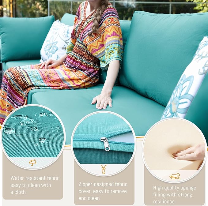 BULEXYARD 9 Piece Highback Patio Furniture Set with Fire Pit Table, Modern Modular Outdoor Sectional Couch Sofa with Ottoman, 8-Person Backyard Seating for Outside, Deck, Brown Wicker & Teal Cushion