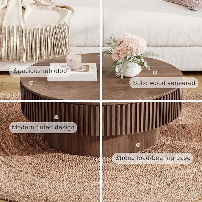 Round Coffee Table with Storage, Modern Wooden Coffee Table with Solid Wood Veneered, Circle Center Table Accent Tea Table for Living Room Apartment Small Space (31.5''L × 31.5''W × 14''H, Walnut)