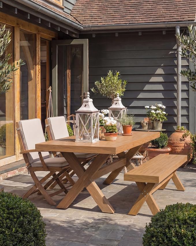 44.5" HIPS Outdoor Dining Bench, X-Shaped Modern Backless 2-Person Seating, All-Weather Patio Bench with Wood Grain Texture, Easy Assembly, Teak - Image 7