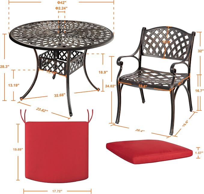 NUU GARDEN 5 Piece Patio Dining Set, Cast Aluminum Outdoor Dining Sets with Red Cushions, Round Patio Dining Table with Umbrella Hole for Garden, Backyard, Balcony, Black with Bronze Edge - Image 6
