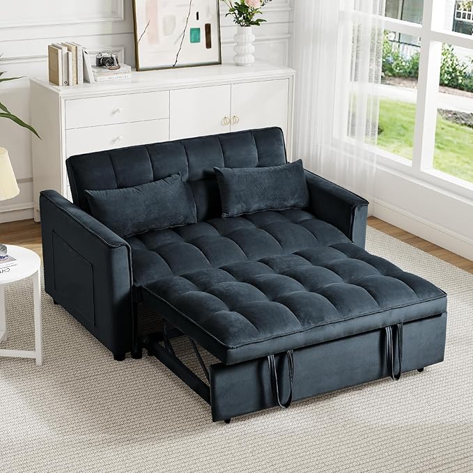 Rovibek 3 in 1 Sleeper Sofa Bed, 53'' Pull Out Couch Convertible Futon Loveseat with Adjustable Backrest, Velvet Sleeper Chaise Lounge Futon for Apartment Office Small Space, Black