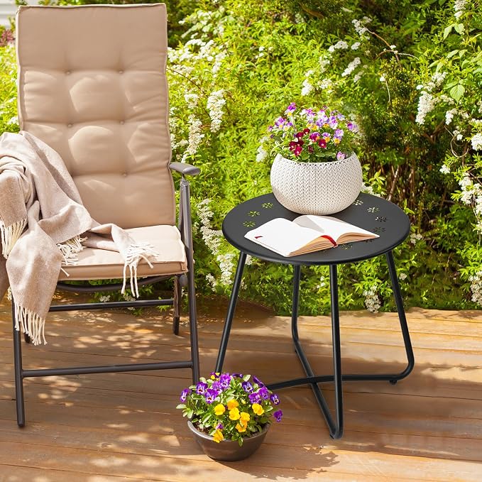 danpinera Outdoor Side Tables with Flower Cut Outs, Weather Resistant Steel Patio Side Table, Small Round Outdoor End Table Metal Side Table for Patio Yard Balcony Garden Black - Image 8